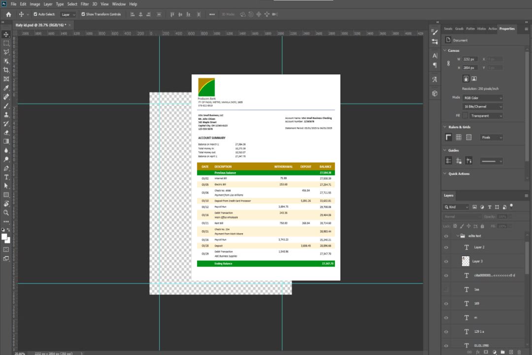 Relevé bancaire professionnel de la Banque des Producteurs Format Word et PDF template